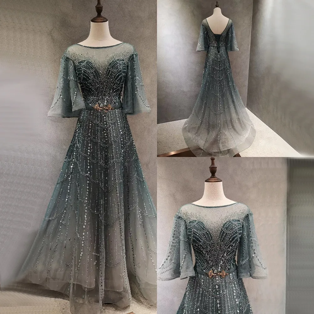 

Green Long Flare Sleeves Evening Dresses Gowns 2021 A-Line Luxury Beading For Women Party