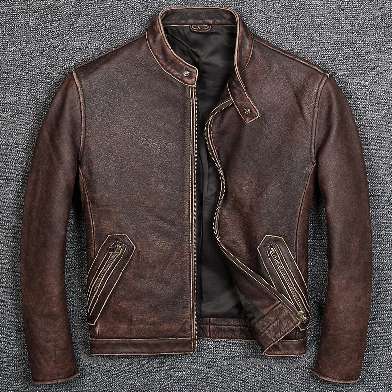 Leather Real Jacket Men Motorcycle Genuine Leather Vintage Sheepskin Coat Cowhide Plus Size Chaqueta Cuero Hombre 1906