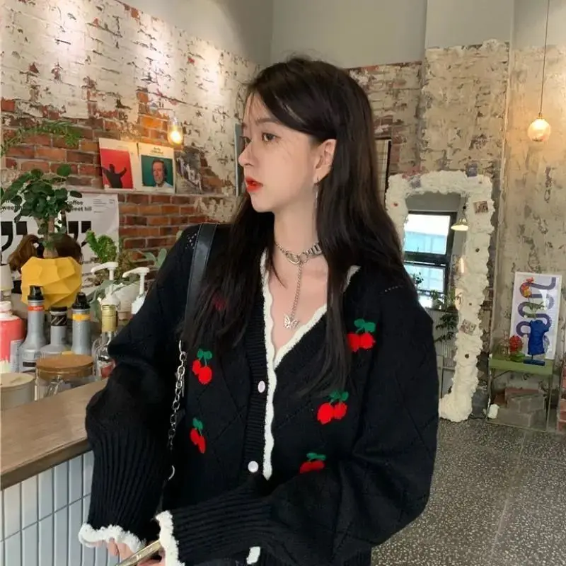 Cardigan Women Sweet Cropped Sweaters Cherry-printed Gentle Knitted Retro Korean Style All-match Fashion Outwear V-neck Feminine