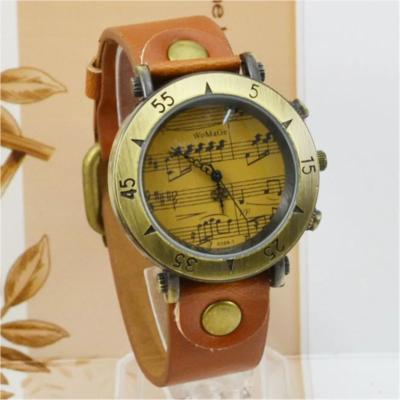 Hot Sale Brand Womage Women Dress Watches Fashion Vintage Genuine Cow Leather Belt Music Note Watches Women Creative Wristwatch