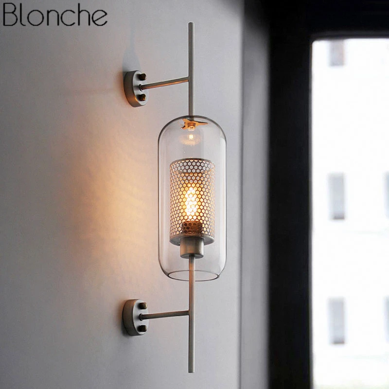 Modern Clear Glass Shade Scones Wall Lamps for Bedroom Bedsides Study Hanging Lights Loft Retro Iron Mirror Light Net Fixtures