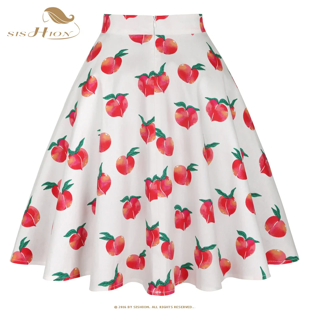 SISHION Summer Beige Women Cotton Midi Skirt VD0020 jupe femme Peach Fruit Print A Line Swing 50s Inspired Retro Vintage Skirt