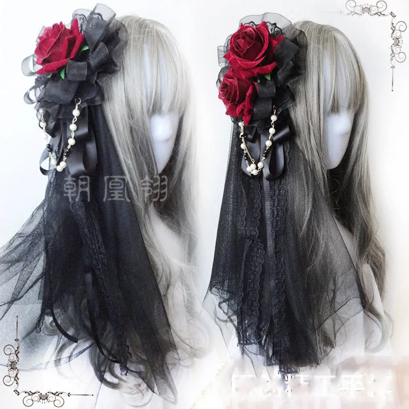 

Original Lolita Wine Red Rose Vintage Hair Accessories Hairpin Veil KC Headdress Lolita Handmade Black Flower Balls