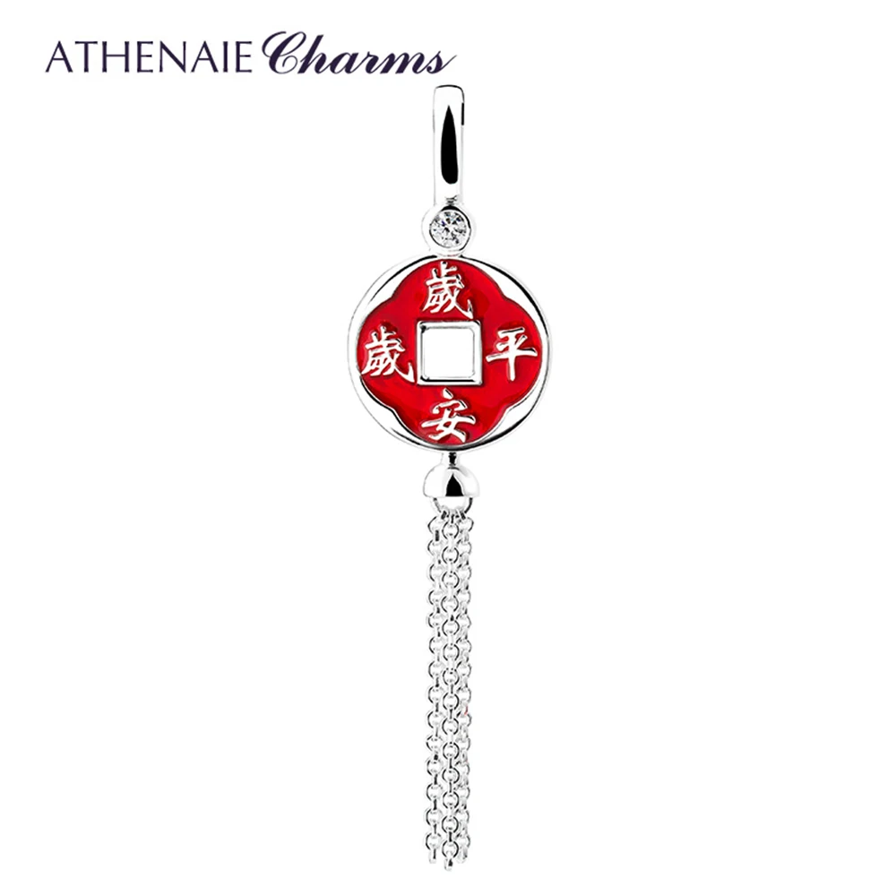 

ATHENAIE 925 Sterling Silver Red Enamel CZ Chinese Peaceful Always Tassel Dangle Charms for Bracelet