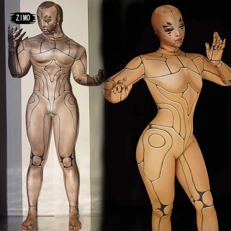 Nude Robot Tights Men Jumpsuits Women Gogo Sexy Ds Print Nightclub bodysuit Party Stage Performance Costume drag queen Halloween