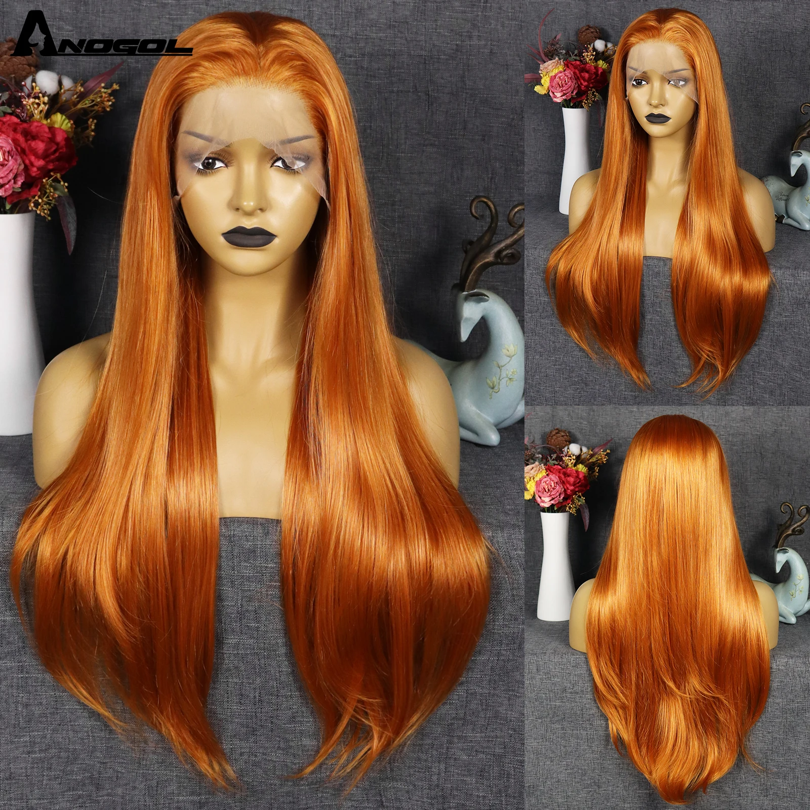 ANOGOL 13X3 Orange Ginger Lace Frontal Wigs Pre Plucked Brazilian Straight Heat Resistant Synthetic wig Hair Wig For Black Women