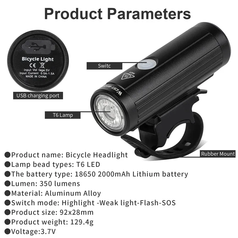 WEST BIKING 2000mAh 350LM Bike Light Waterproof Anti-glare MTB Bicycle Lamp USB Rechargeable LED Cycling Headlight Taillight