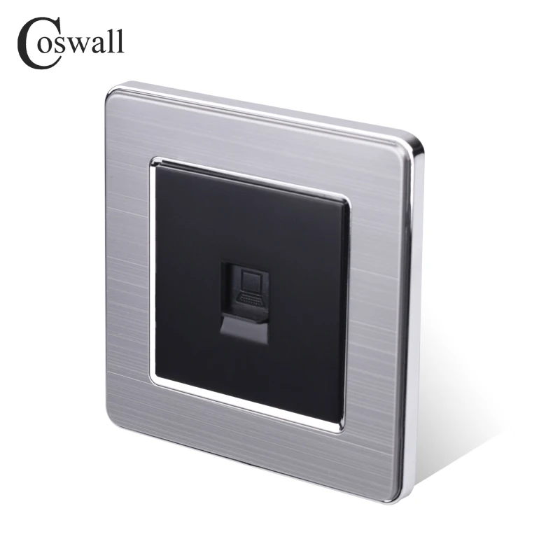 COSWALL 1 Gang RJ45 Internet Jack CAT5E Connector Stainless Steel Brushed Panel Computer Outlet Wall Data Socket