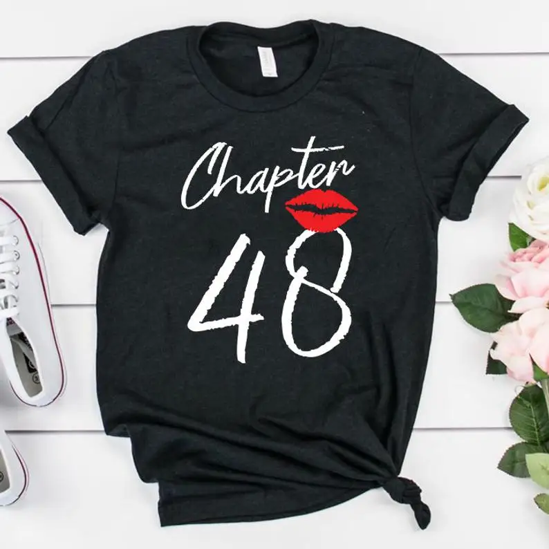 48th Birthday Women Chapter Gift tshirt Women Cotton O Neck Shirt Red lips pattern Print T-shirt Casual Short Sleeve Female goth