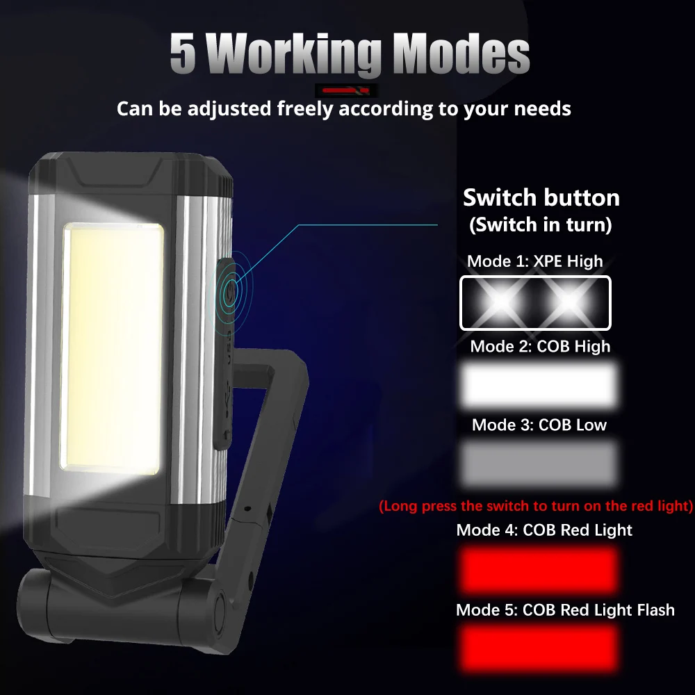 Luz de trabajo COB recargable por USB con imán, linterna LED portátil ajustable, lámpara de Camping para senderismo, espeleología y caza