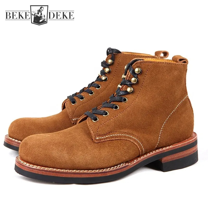 Autumn Cowhide Genuine Leather High Top Work Shoes Men Lace Up Platform Vintage Cowboy Ankle Boots Fashion Men Motorcycle Boots