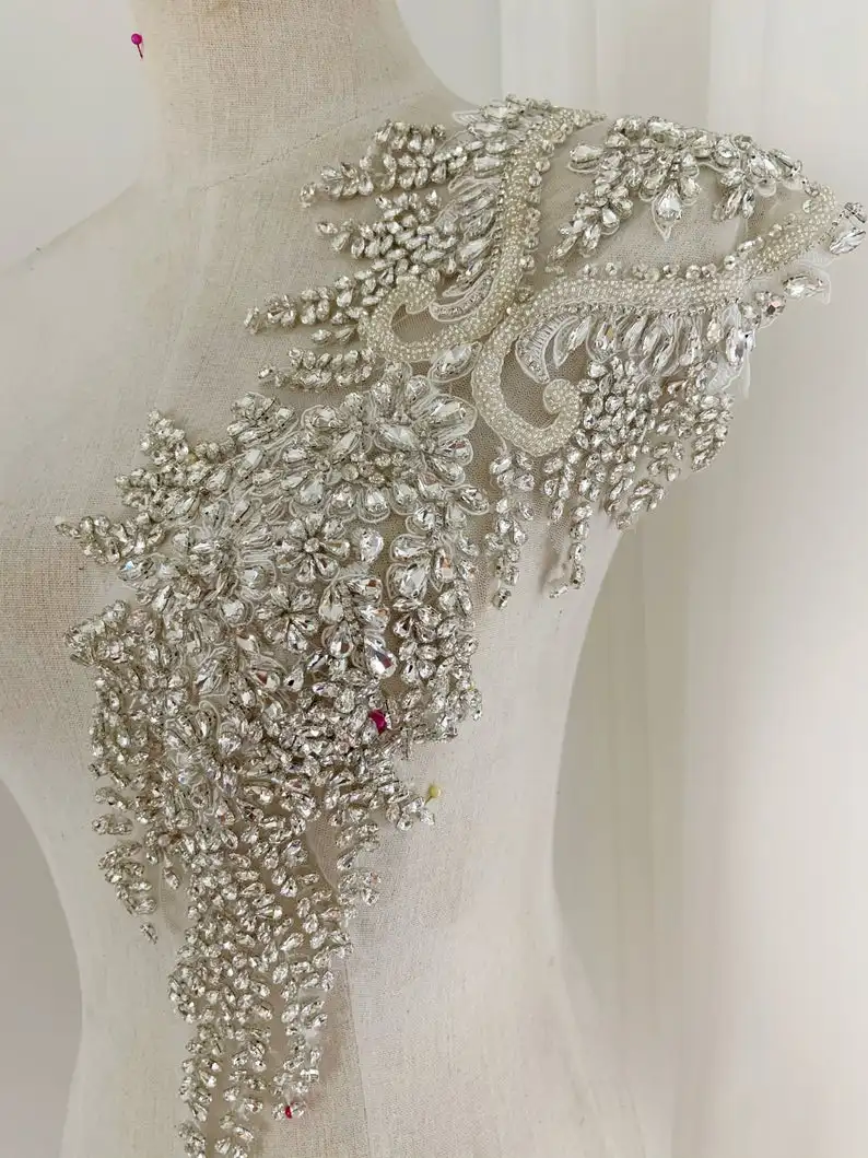 Large Rhinestone Bodice Applique Crafted Crystal Applique For Wedding Dress Hand Beading Rhinestone Patch Haute Couture