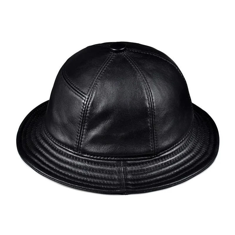 Korean Fashion ACC Unisex Genuine Leather Bucket Hats Men Women Casual Fishing Caps Male Fitted Black Basin Cap Sombrero Mujer