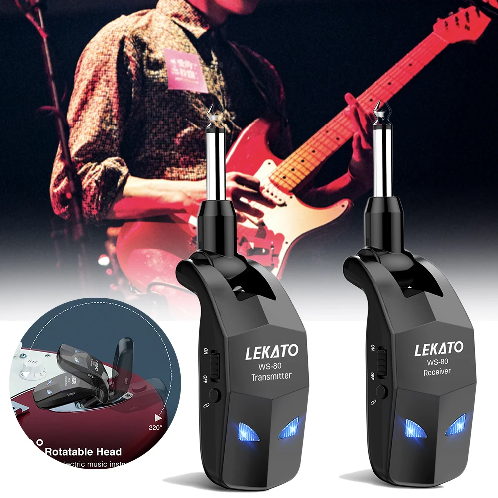 LEKATO 2.4GHz Wireless Guitar Bass System Built-In Rechargeable Guitar Transmitter Guitar Wireless System Transmitter Receiver