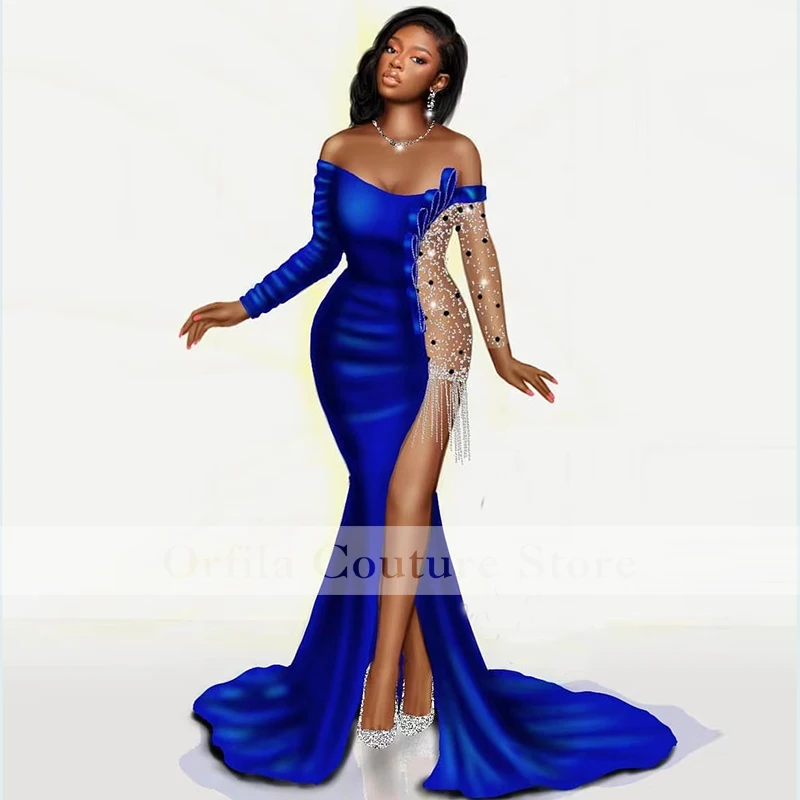 Sexy Afrikanische Prom Kleid Meerjungfrau Split Illusion Perlen Langen Ärmeln Frauen Party Kleider robes de cocktail Custom