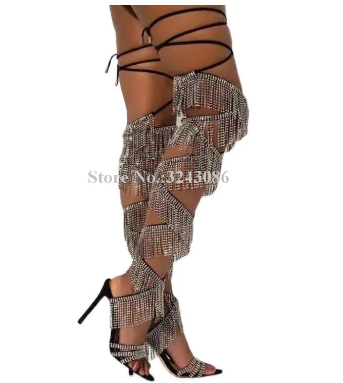 

Bling Bling Crystal Tassel Lady Sandals Boots Sexy Cross-tied Stiletto Heel Long Boots New Fashion Female Booties Dropship