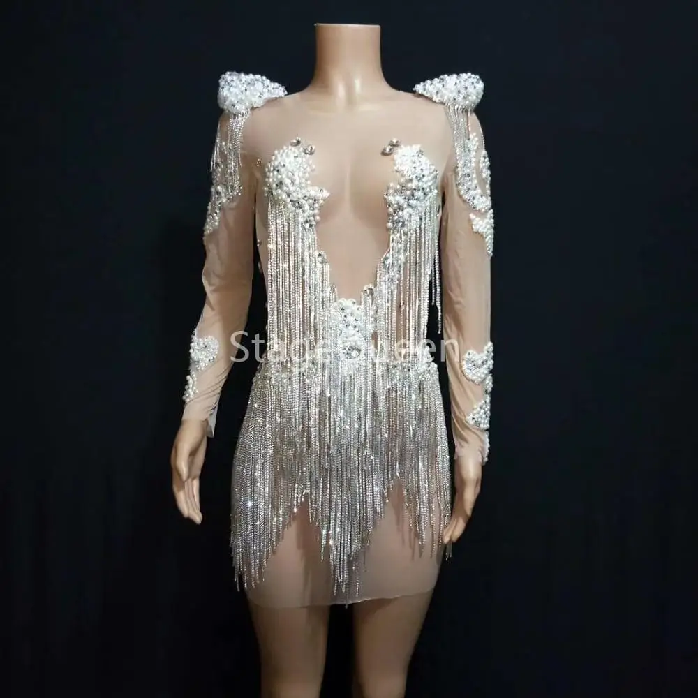 

Sparkly Silver Fringes Dress Women Birthday Celebrate Costume Female Singer Bling Tassels Leotard Performance DS DJ Dance Wear