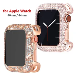 Marco de Metal de lujo para Apple Watch, funda protectora brillante para iWatch SE 6 5 4 3, 40mm, 44mm, plata inoxidable para mujer