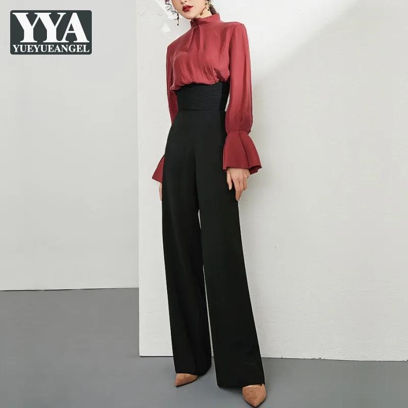 Office Lady Wide Leg Pants Spring Summer Vintage Straight High Waist Trousers Fashion Black Red Green White Elegant Flare Pants