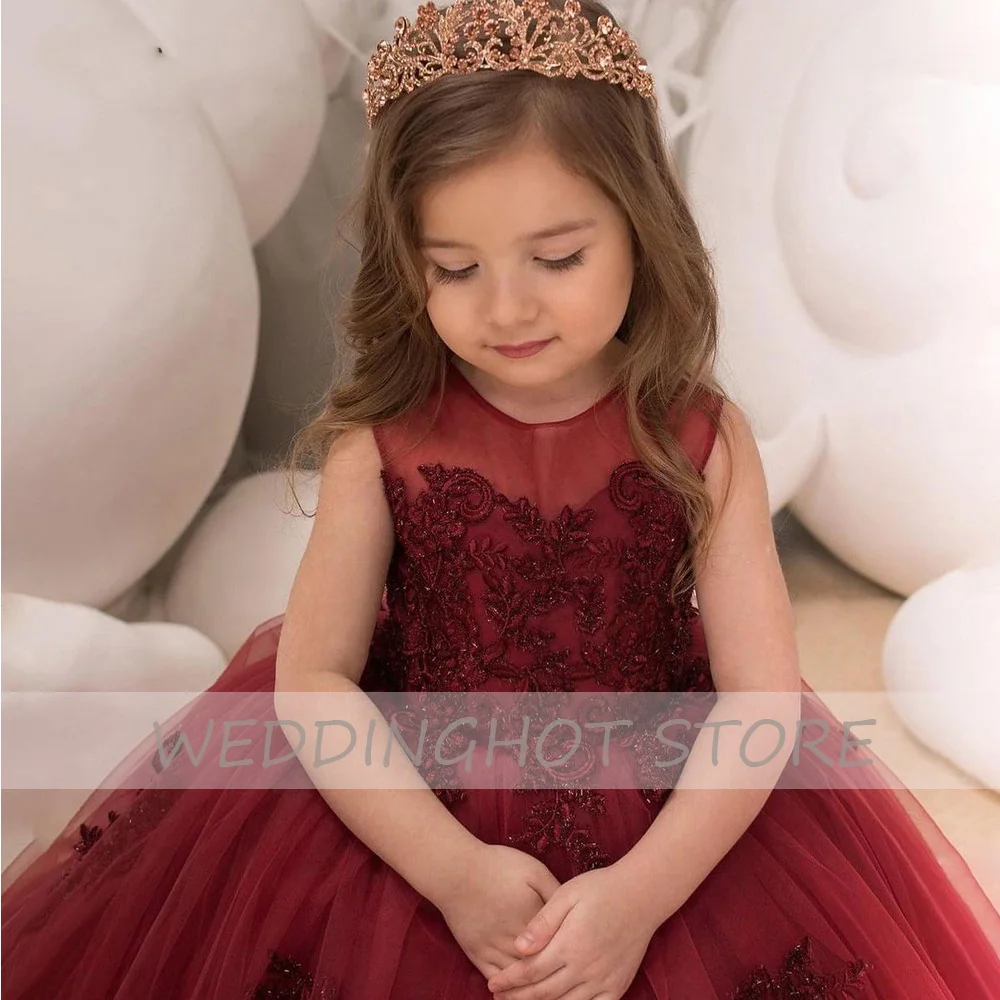 Borgonha até o chão vestido da menina de flor 2022 novo bebê festa de natal vestidos de baile renda criança vestido de baile de aniversário пла vauе дляев®чки