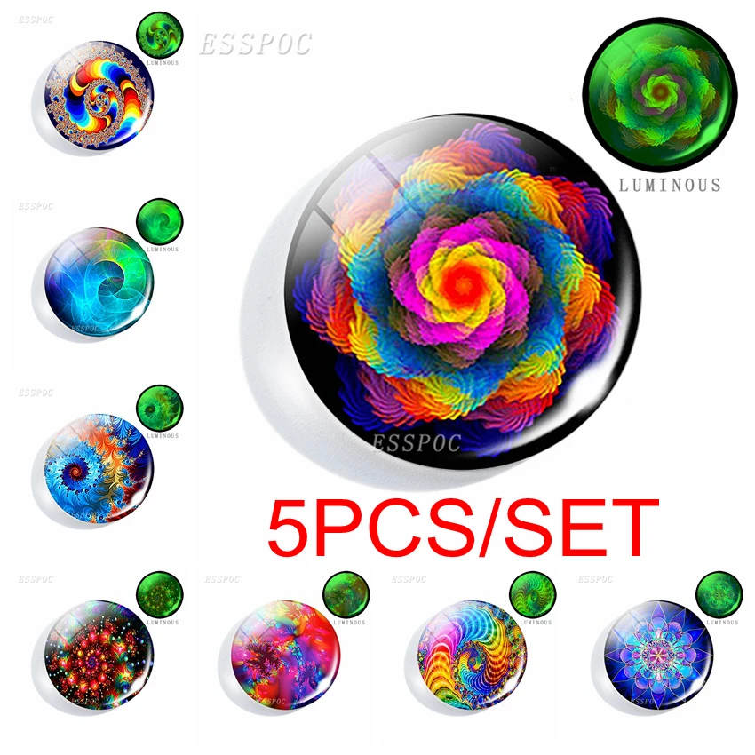 5PCS/SET Luminous 12/16/20/25/30mm Art Mandala Round Photo Cameo Glass Cabochon Jewelry Handmade Accessories Glowing In The Dark