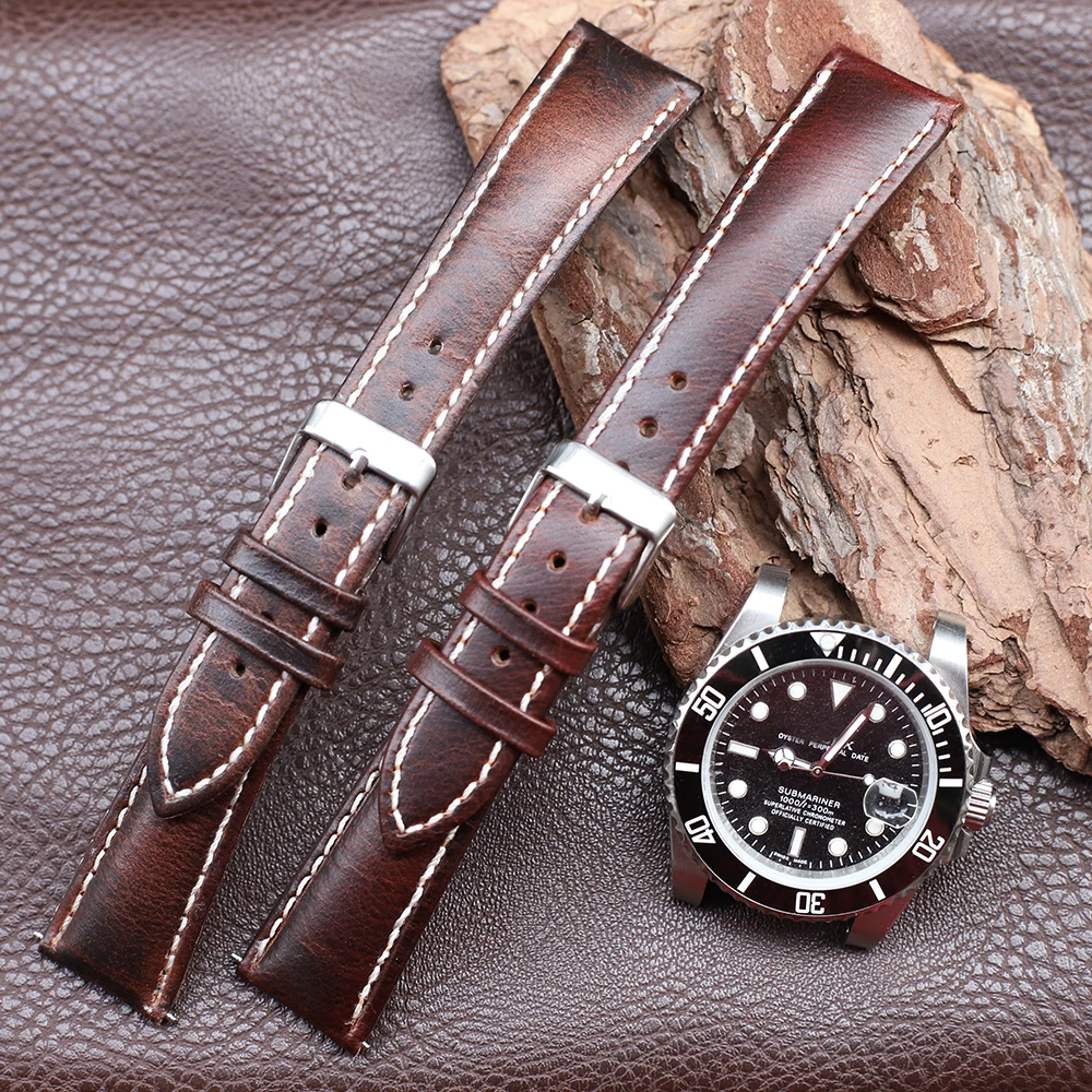 Retro Cowhide Watch Strap 20mm 22mm Red Brown Dark Coffee Half Arch Discolour Oil Wax Genuine Leather Watchband Replacement Belt