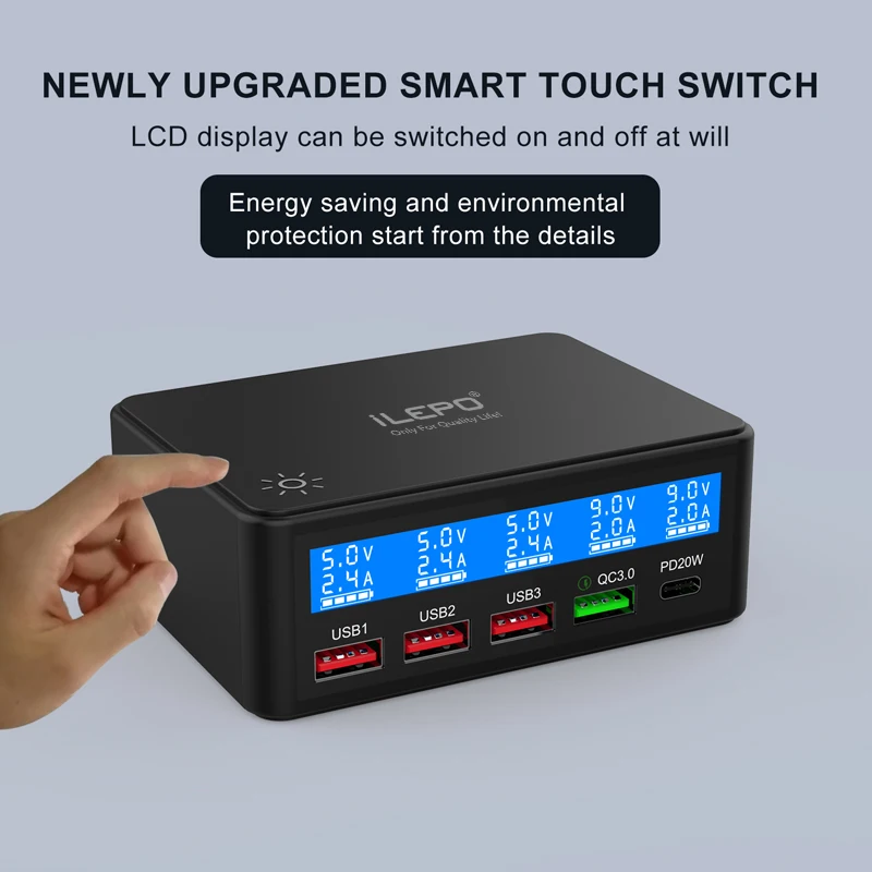 ILEPO-Carregador Multi USB, PD 20W, QC 3.0, Carregamento Rápido, 65W, Tipo C, iPhone, Samsung, OPPO, Vivo Phone, HUB