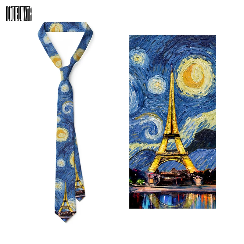 Creative Design Eiffel Tower Tie Oil Painting 8cm Wide Polyester High Quality Men’s Neckties Casual Daily Wear Shirt Accessories