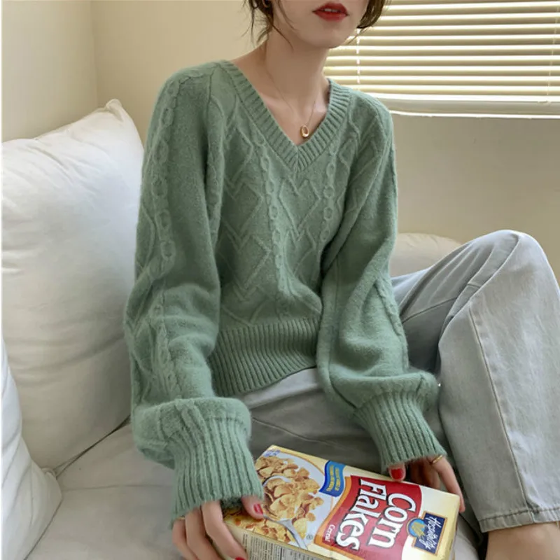 Crop Sweaters Women Ins Lovely Candy Color Japanese Fashion Basic Ladies Pullovers Vintage Solid V-neck All-match Womens Sweater