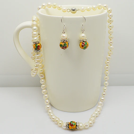 

6-7MM White Potato Round Pearl Necklace Bracelet Earrings Jewelry Set Made With Rhinestone 8MM Round Cloisonne Mother Gift