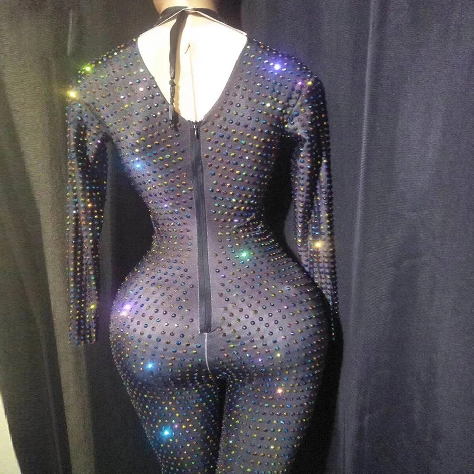 Club  Rhinestone Women long sleeve Jumpsuit Party Tight Fitting Black Rompers Singer Stage Show Wear