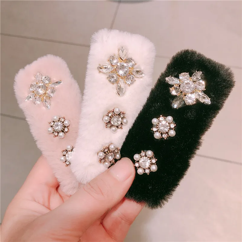 

fashion cute rhinestone Hair Barrette Hair Clip Hairpin Girls Plush autumn winter Hair Accessories Women Headdress Wholesale
