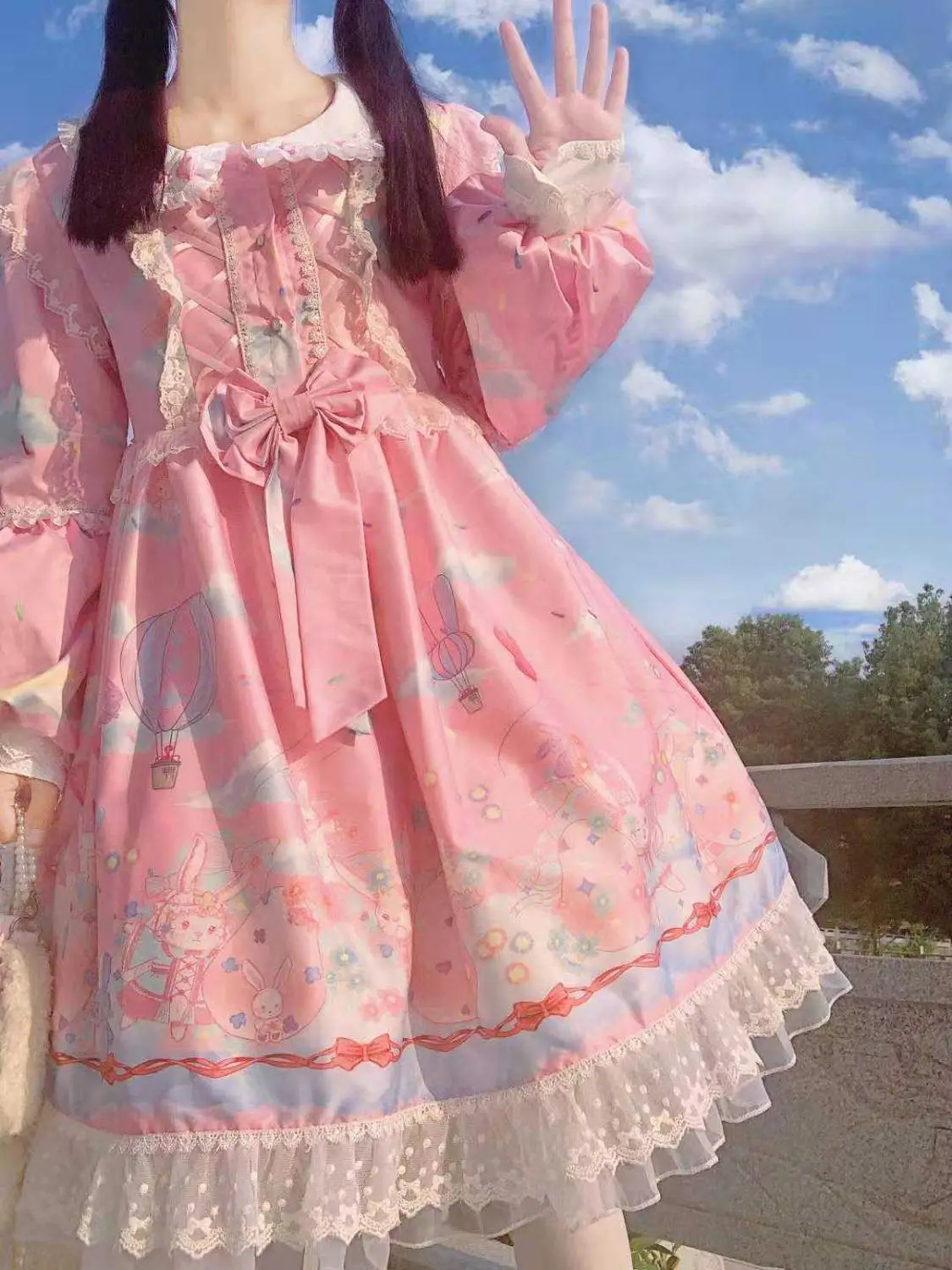 Vestido de princesa de lolita op loli para chica, ropa de fiesta de té con lazo, manga abombada, vintage, bonito, estampado de cintura alta