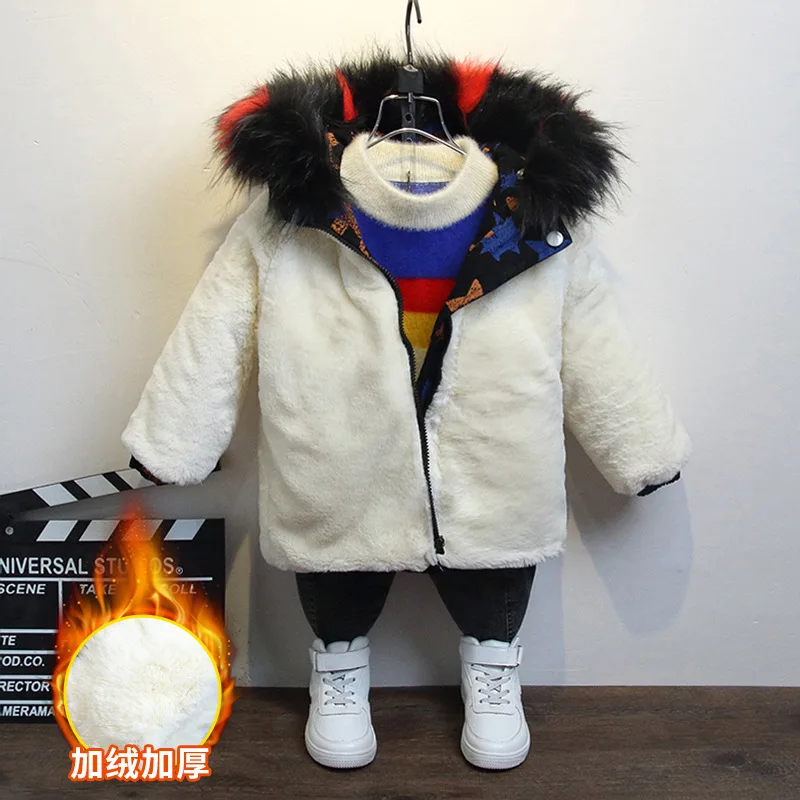 Fur Edge Hooded Winter Boys Girls Winter Jacket Stars Fashion Fleece Warm Kids Coat Spring Fall Children's Clothing