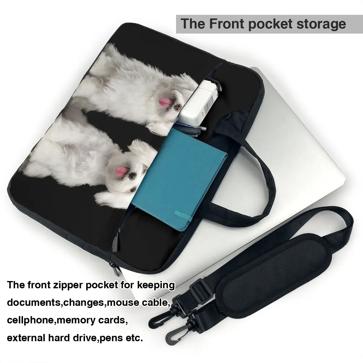 Two Happy White Maltese Dogs Sitting Laptop Bag Case Protective Vintage Computer Bag Bicycle Crossbody Laptop Pouch