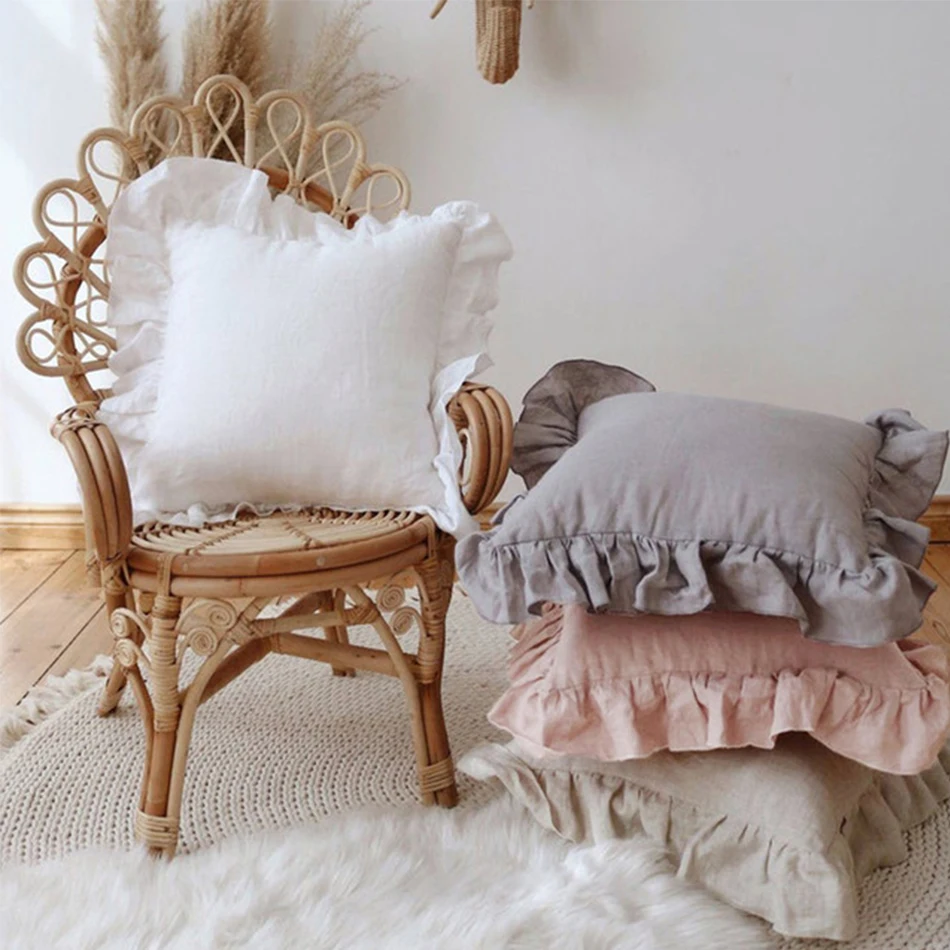 100% Linen Ruffle Pillowcases,Soft and Comfortable Cushion Cover,Home Decor Sofa Pillows,Living Room Couch Ornament