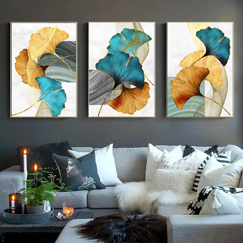 

Ginkgo Biloba Blue Green Yellow Gold Abstract Poster Nordic Canvas Print Plant Leaf Wall Art Painting Modern Picture Room Decor