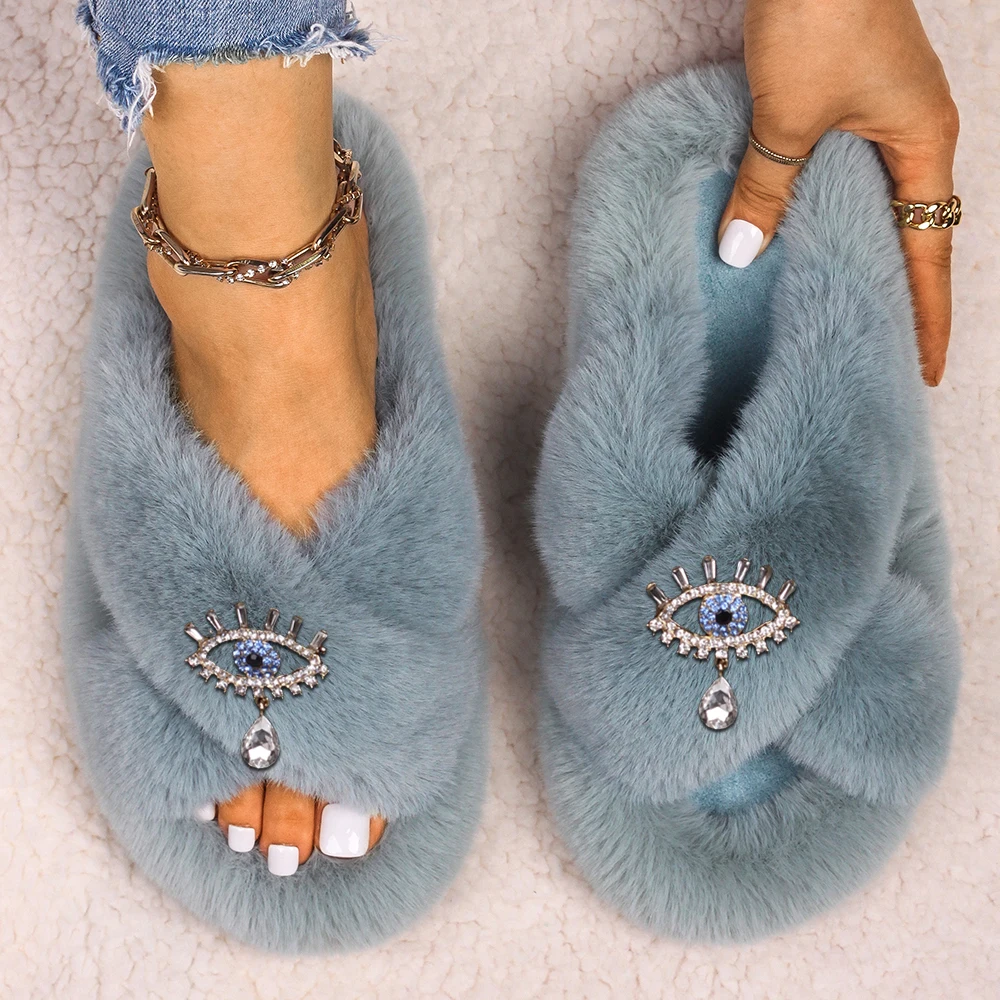 Fluffy Flip Flops Women Bling Crystal Eye Faux Fur Slides Indoor Slippers Fashion Ladies Luxury Rhinestone Sandals Furry Shoes