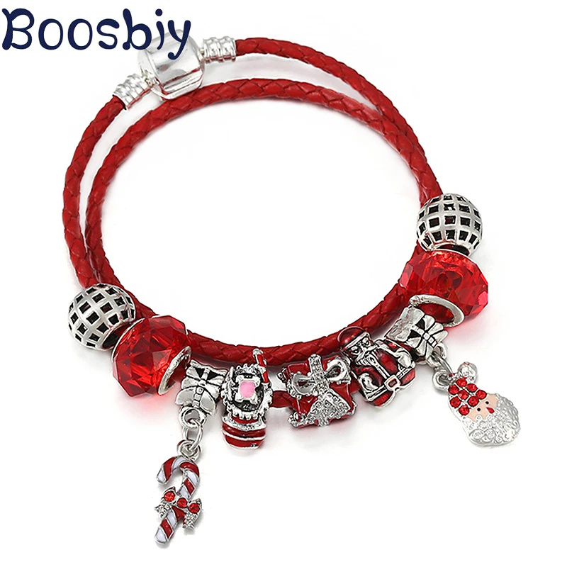 Red Leather Charm Bracelet With Santa Claus Pendants DIY Gift Box Beads Bracelet Lucky Christmas Jewelry For Women New Design