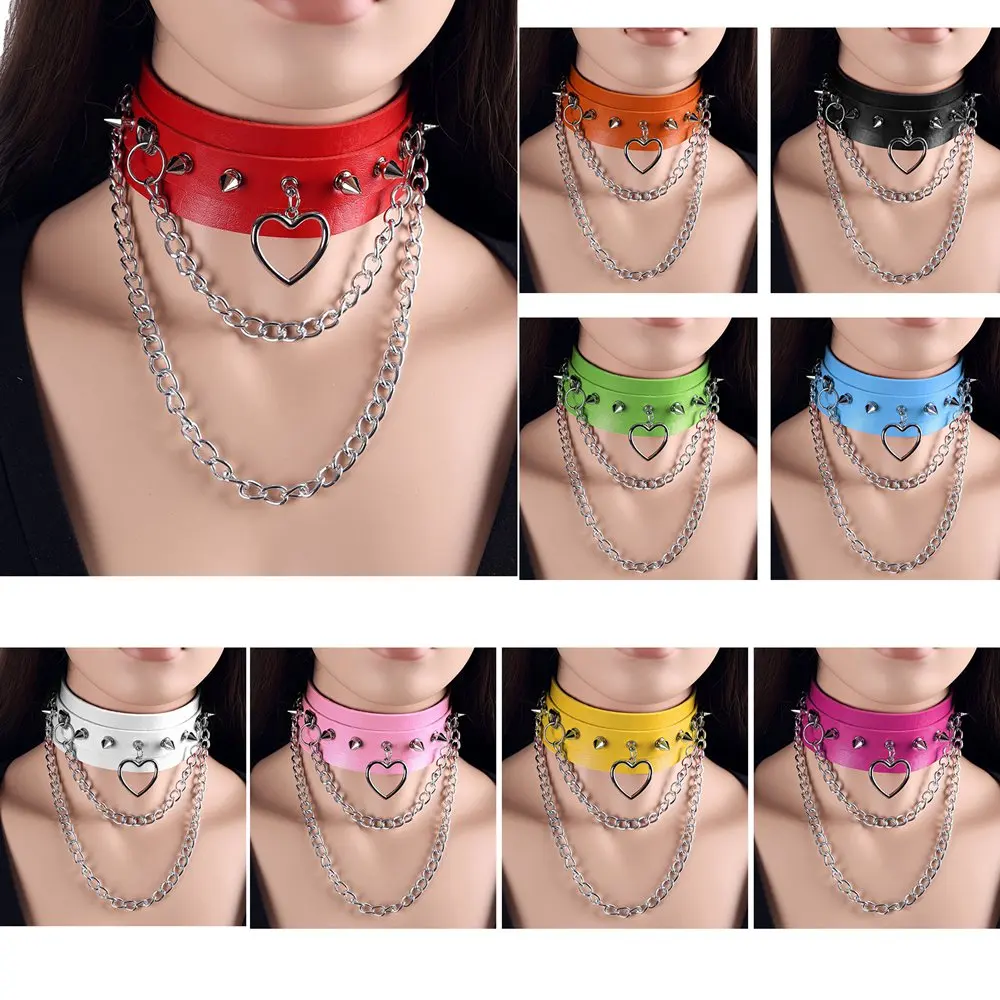 Sexy Choker Punk Goth Collar Harness Women Lingerie Heart Pendant Accessory Studded Chunky Necklace Jewelry Chain Emo Rave Wear