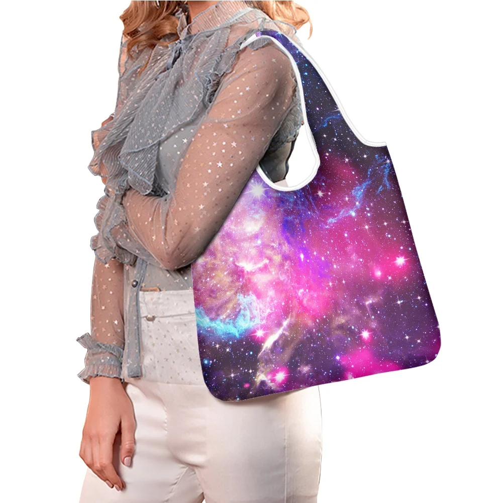 Hycool Pink Starry Sky Galaxy Print Custom Tote Bag Personalized Bag Reusable Durable Big Size Shopping Bags Large Capacity