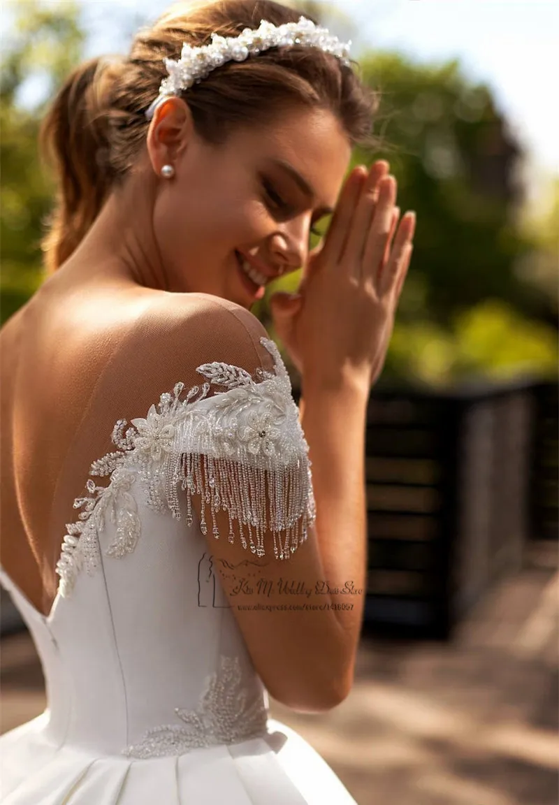 Vestido de novia de satén con cuentas simples, vestidos de novia de princesa, tren de corte, manga casquillo, baratos, 2021