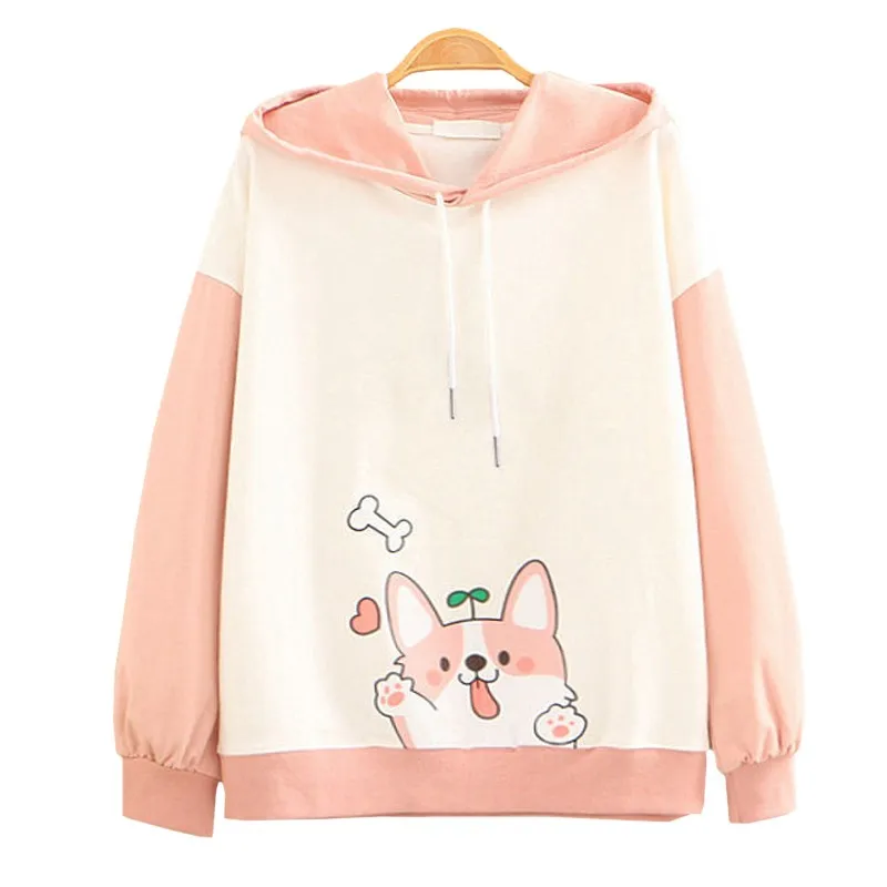 

Spring Autumn Thin Casual Kawaii Girly Style Hoodie Anime Harajuku Print Cute Naughty Pink Corgi Sweatshirt Pullover Female