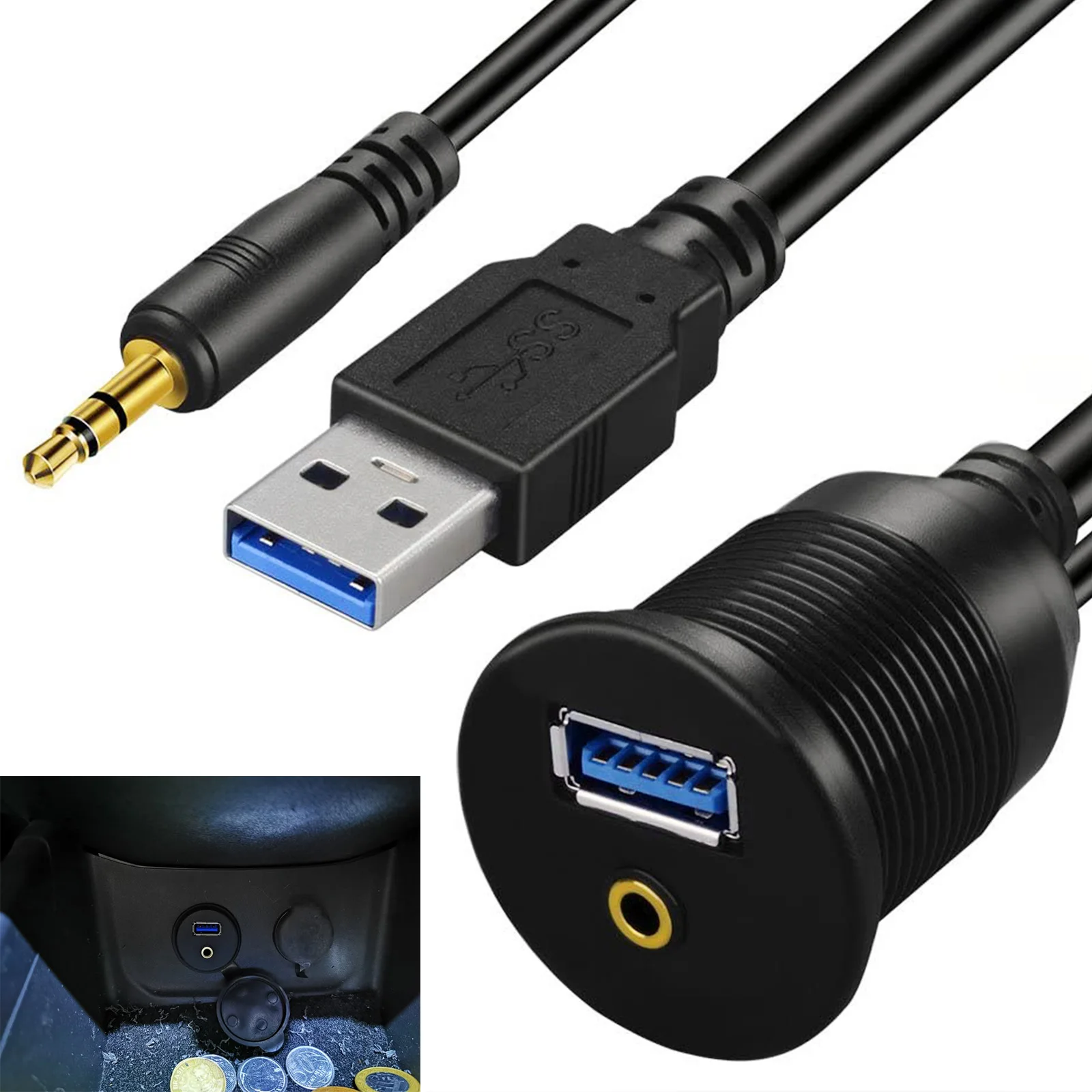 

1m USB Flush Mount Panel 2.0 3.0 3.5mm Extension Dashboard Cable For Car Motorcycle 3.5mm+USB3.0 AUX Dash Waterproof Boat