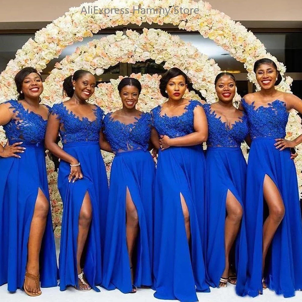 Vestidos de dama de Honor de encaje azul real africano, línea A, gasa dividida, invitado de boda, vestidos largos de dama de Honor, fiesta de talla grande