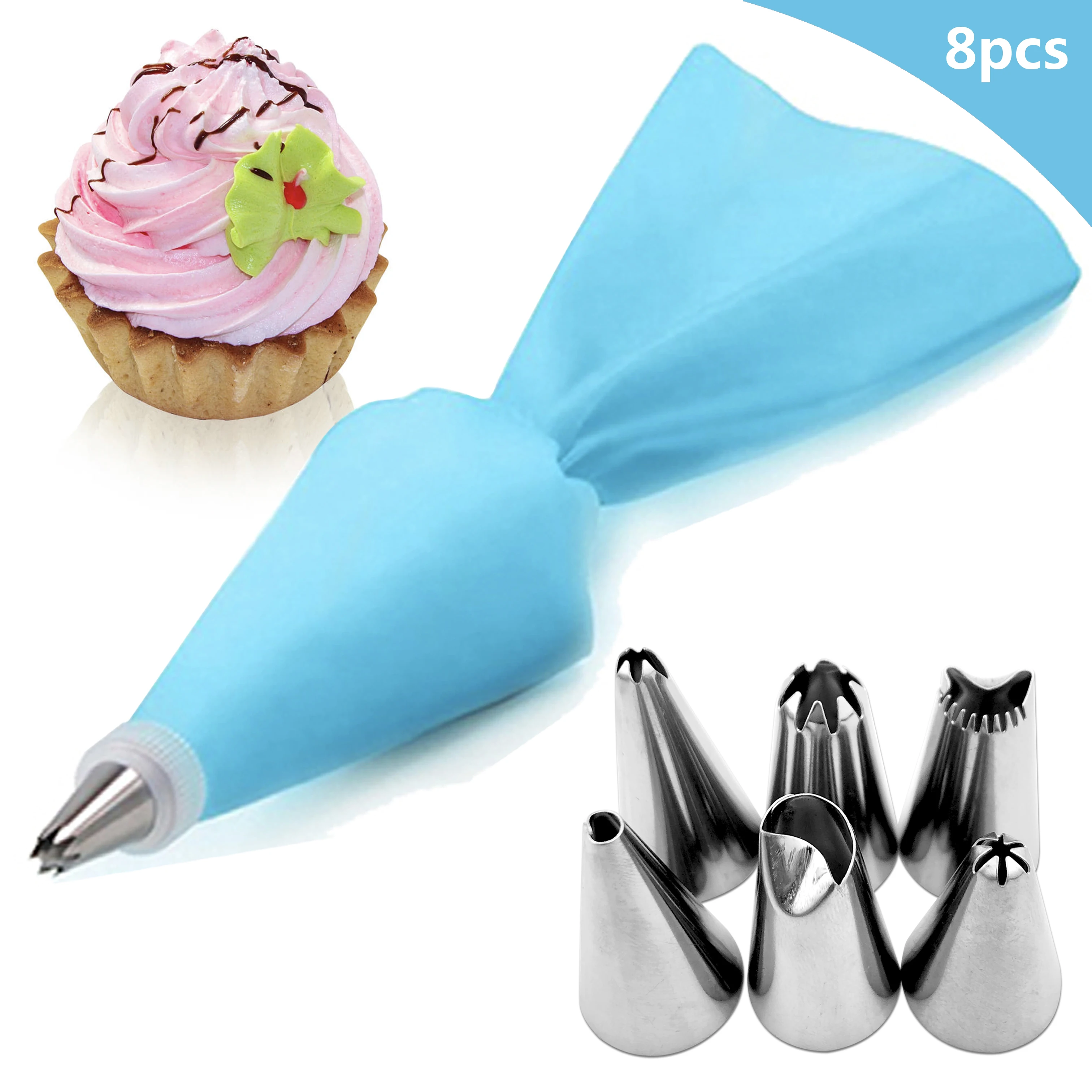 

8PCS/bag Silicone Icing Piping Cream Pastry Bag + 6 Stainless Steel Cake Nozzle DIY Cake Decorating Tips Fondant Pastry Tools