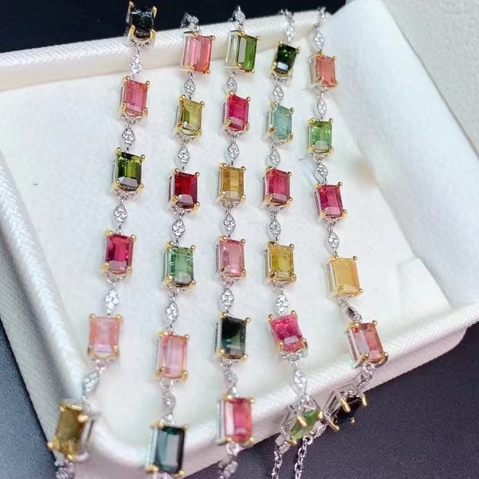 KJJEAXCMY fine jewelry 925 sterling silver inlaid Natural tourmaline women fashion simple square gem hand bracelet support detec