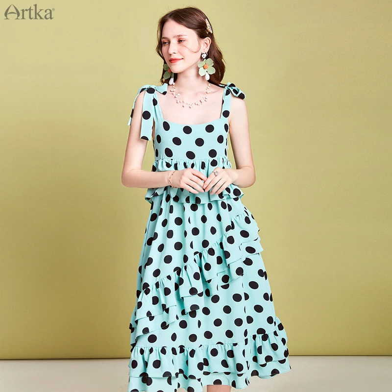 

ARTKA 2020 Summer New Women Dress Vintage Dot Print Dress Ruffles Long Chiffon Dresses Lace Up Sleeveless Strap Dress LA20503C