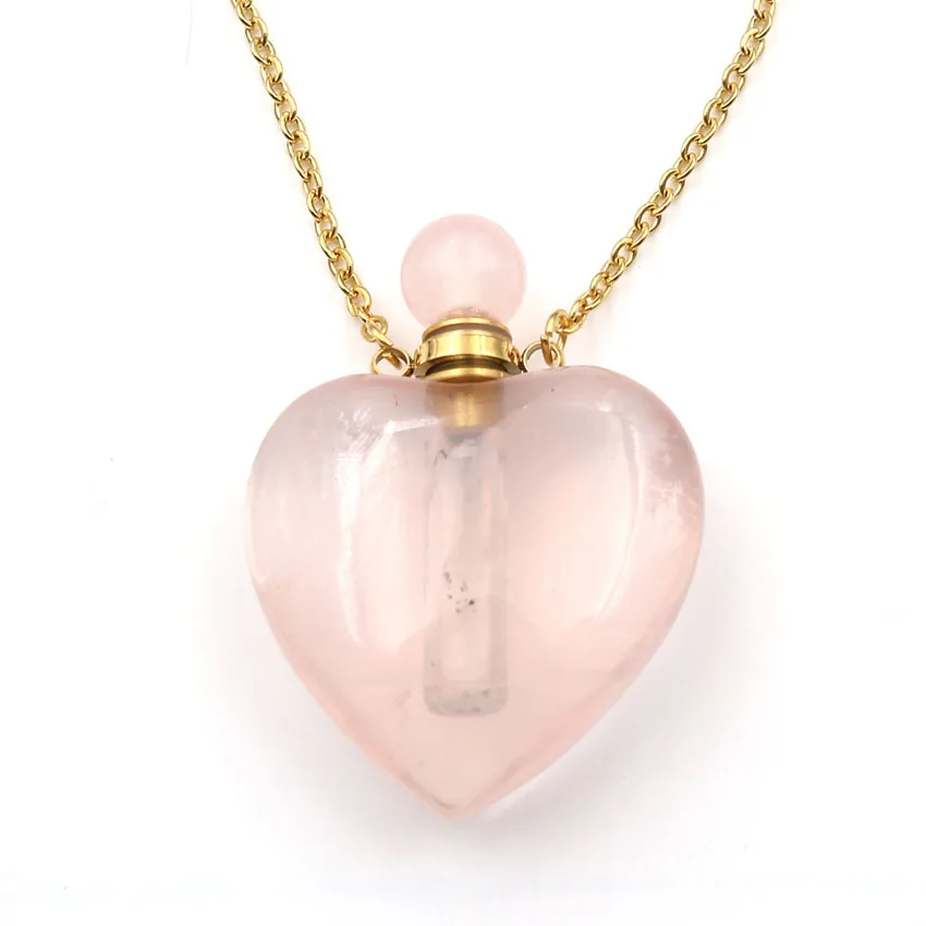 Gold Color Romantic Love Heart Rose Pink Quartz Perfume Bottle Pendant Rock Crystal Necklace for Valentine's Day Jewelry