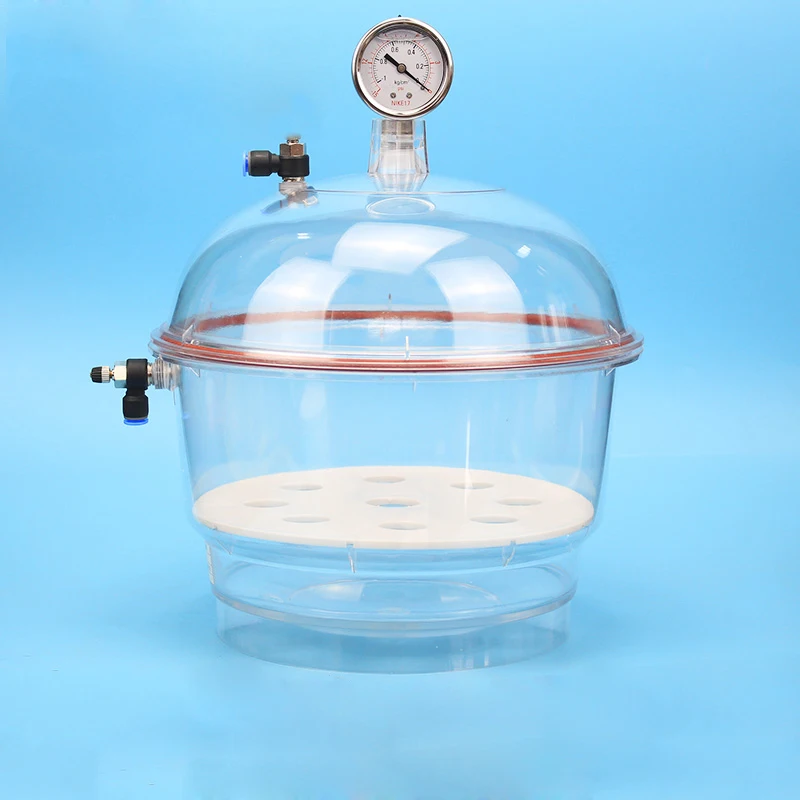 

Plastic dryer vacuum laboratory double valve with pressure gauge polycarbonate plastic drying dish Vacuum Degassing Chamber